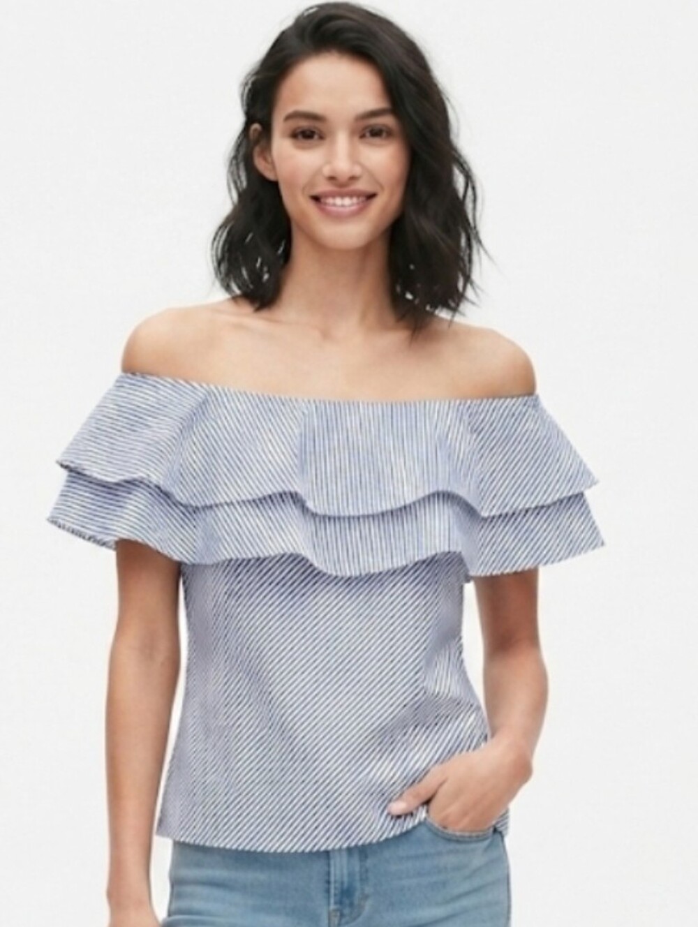 White House Black Market Off-Shoulder Blue Stripe Ruffle Top Size 2P